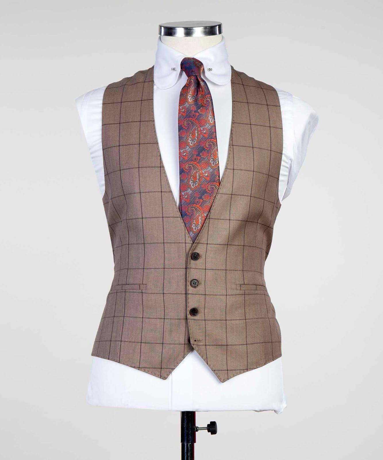 3 Piece Beige Checked Suit