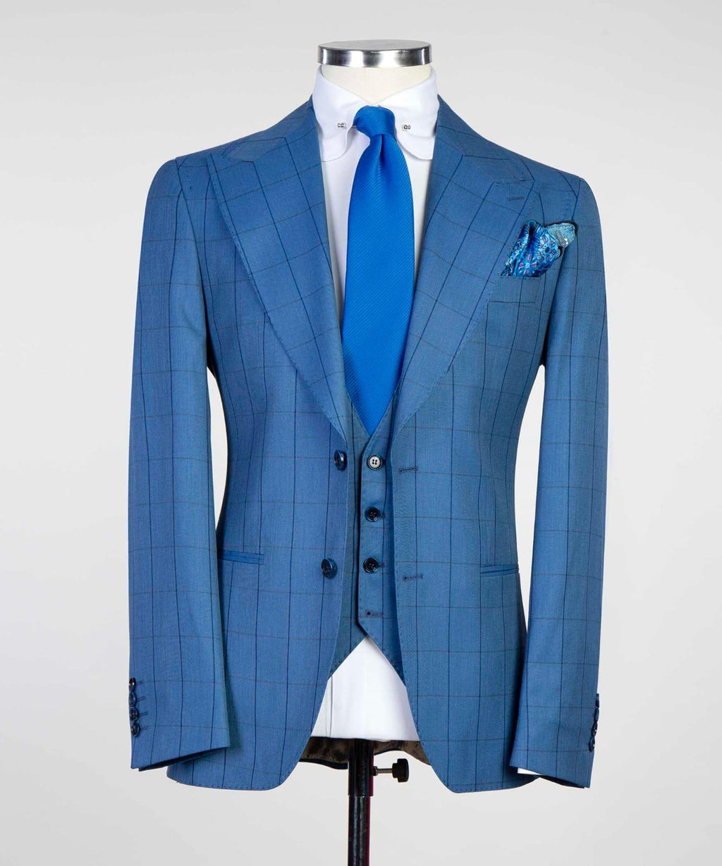 3 Piece Light Blue Checked Suit