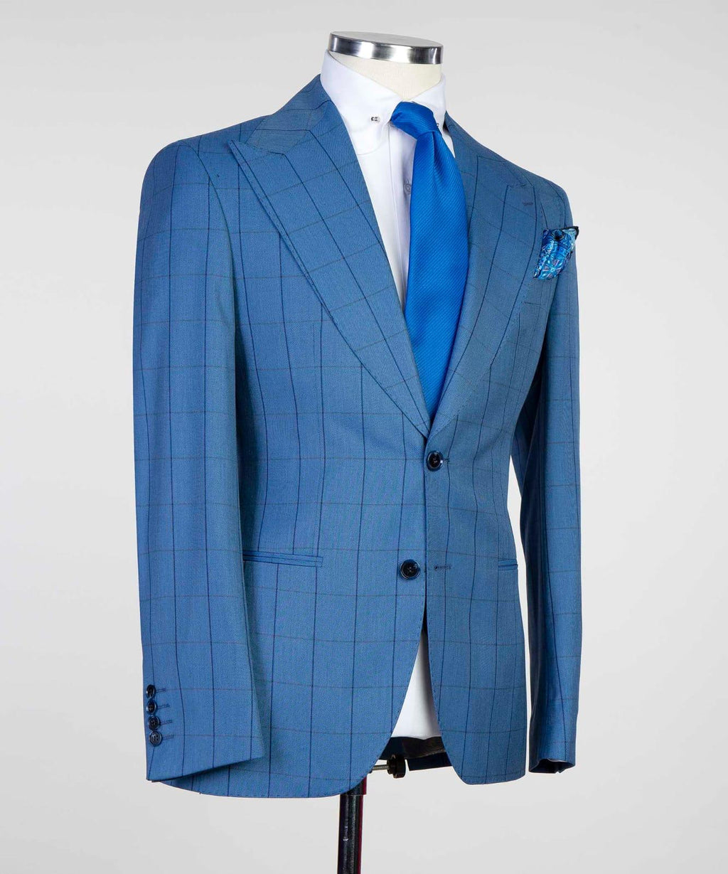 3 Piece Light Blue Checked Suit