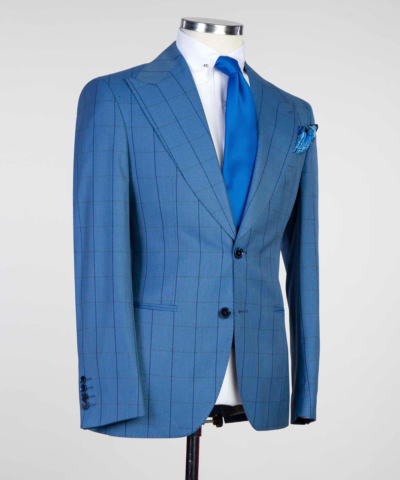 3 Piece Light Blue Checked Suit