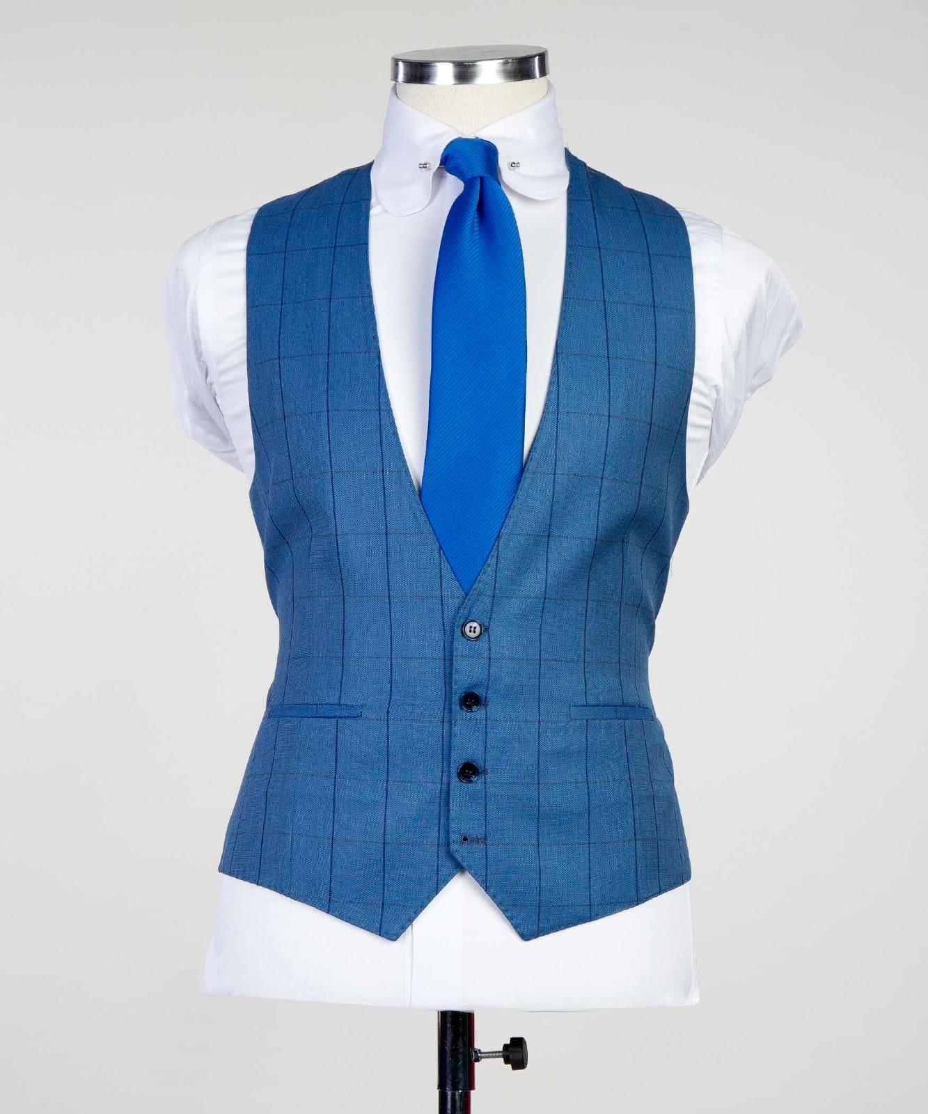 3 Piece Light Blue Checked Suit