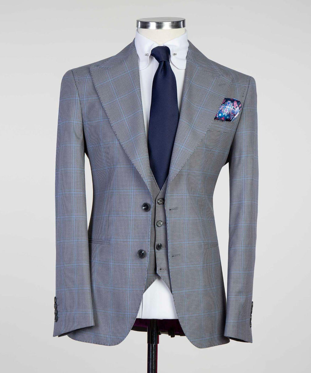 3 Piece Light Grey Checked Suit