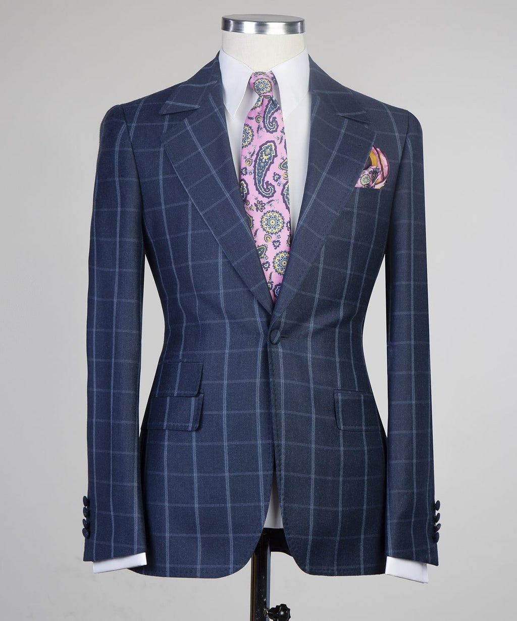 3 Piece Navy Blue Checked Suit