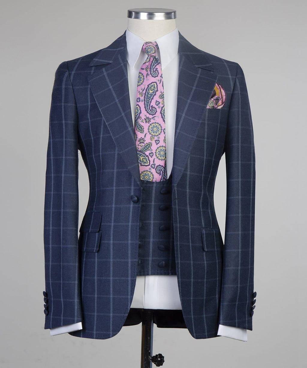 3 Piece Navy Blue Checked Suit