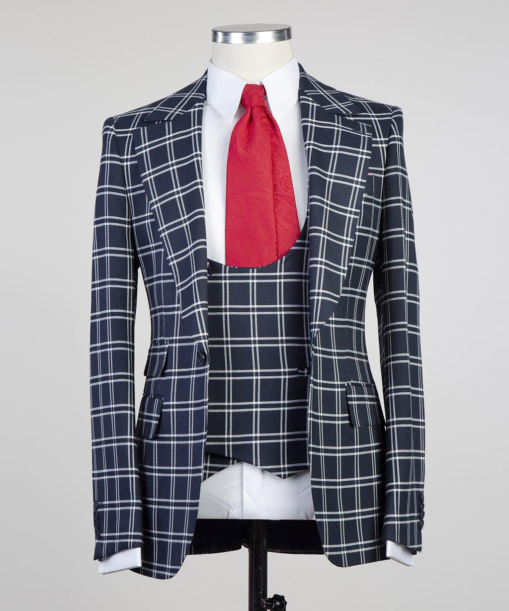 3 Piece Navy Blue Checked Suit