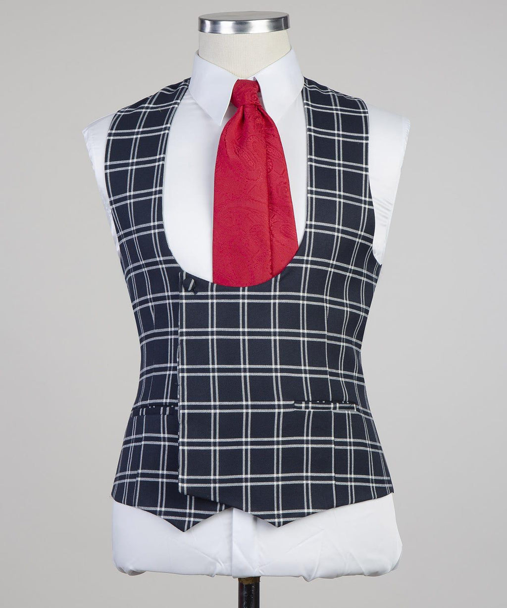 3 Piece Navy Blue Checked Suit