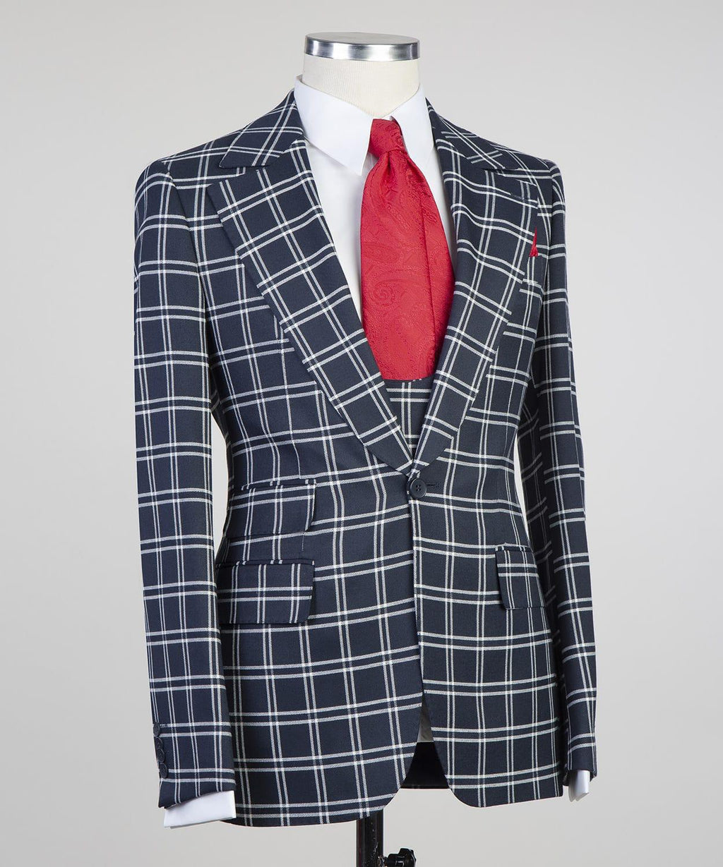 3 Piece Navy Blue Checked Suit