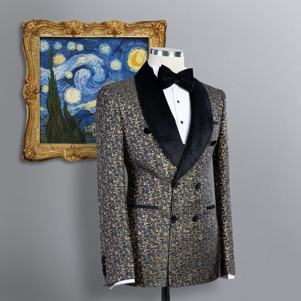 2 Piece Double Breasted Dark Gold Flower Tuxedo