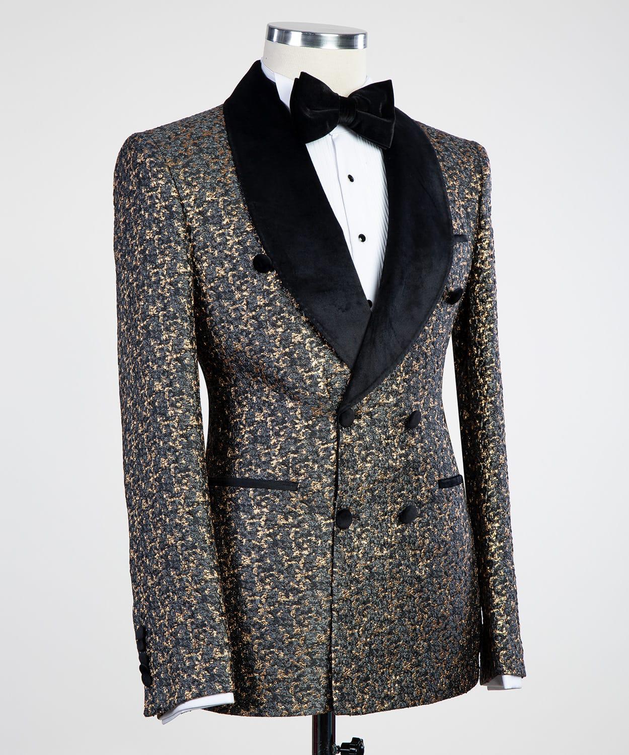 2 Piece Double Breasted Dark Gold Flower Tuxedo