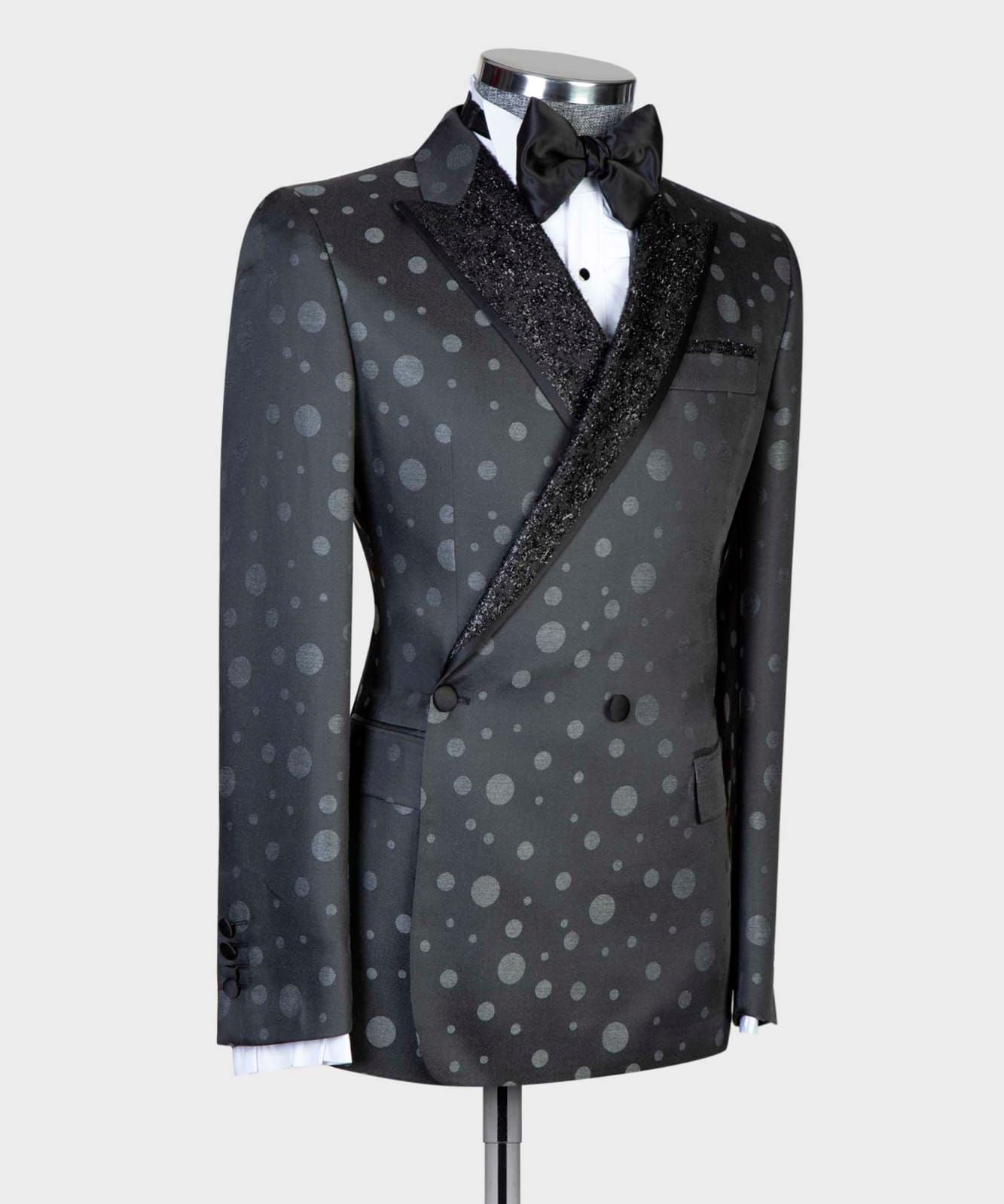 2 Piece Double Breasted Black and Grey Dotted Tuxedo