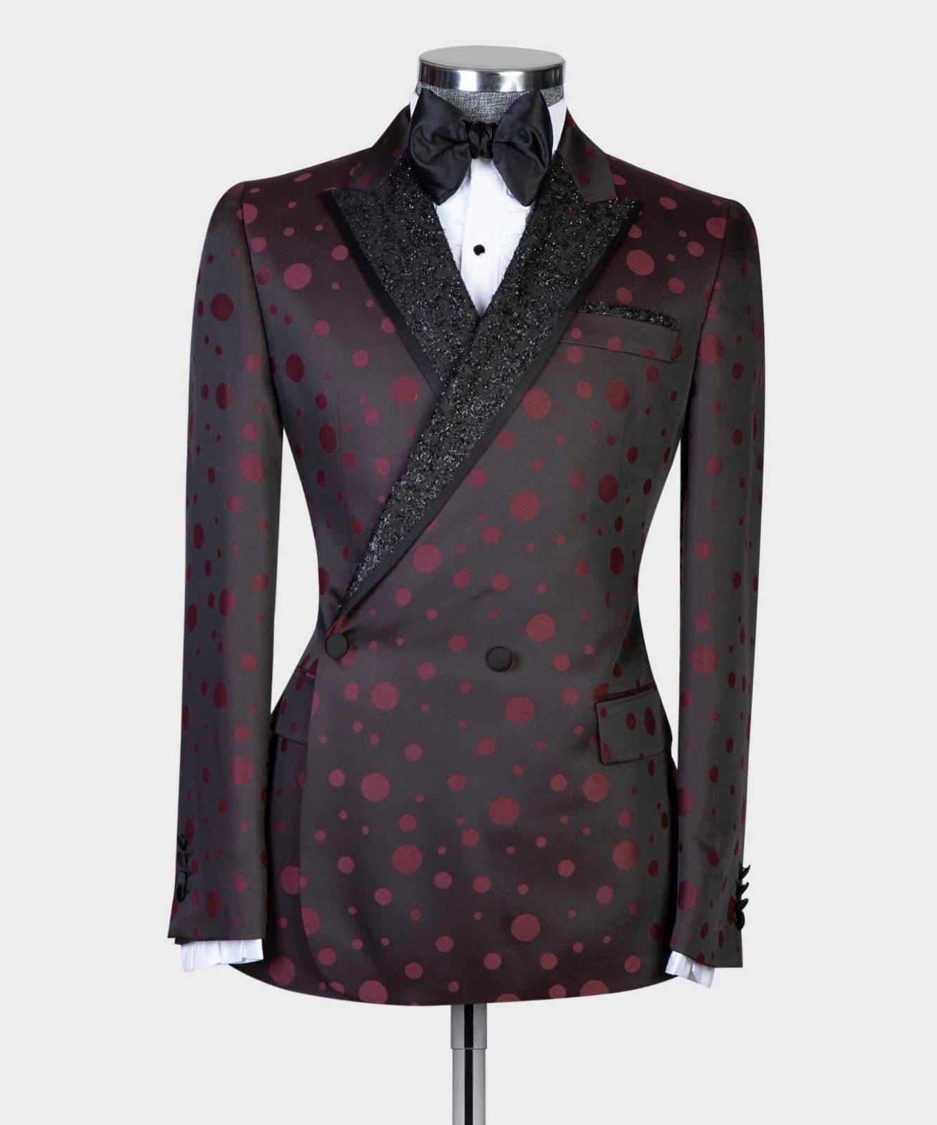 2 Piece Double Breasted Burgundy Dotted Tuxedo