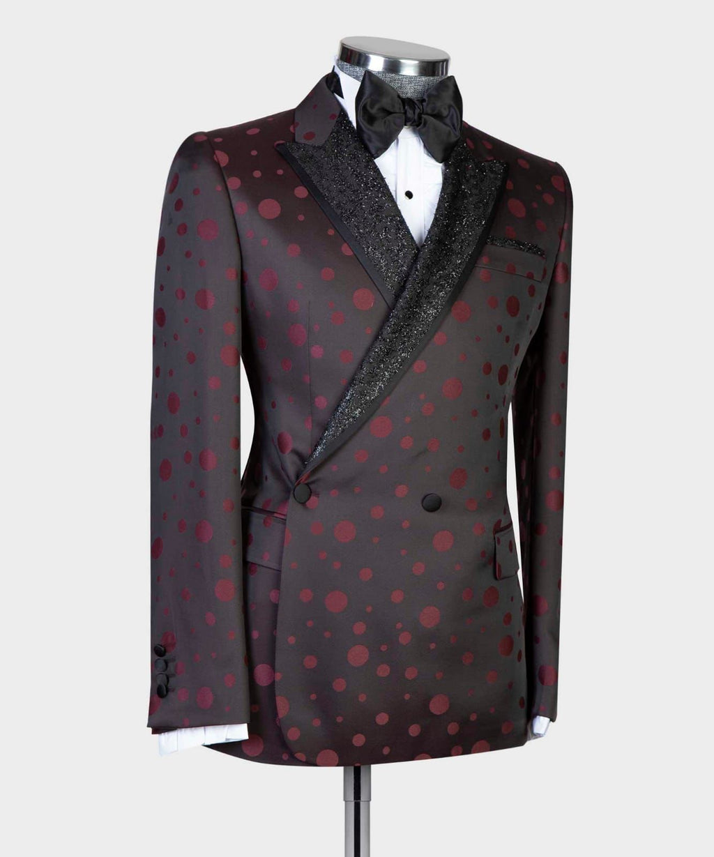 2 Piece Double Breasted Burgundy Dotted Tuxedo