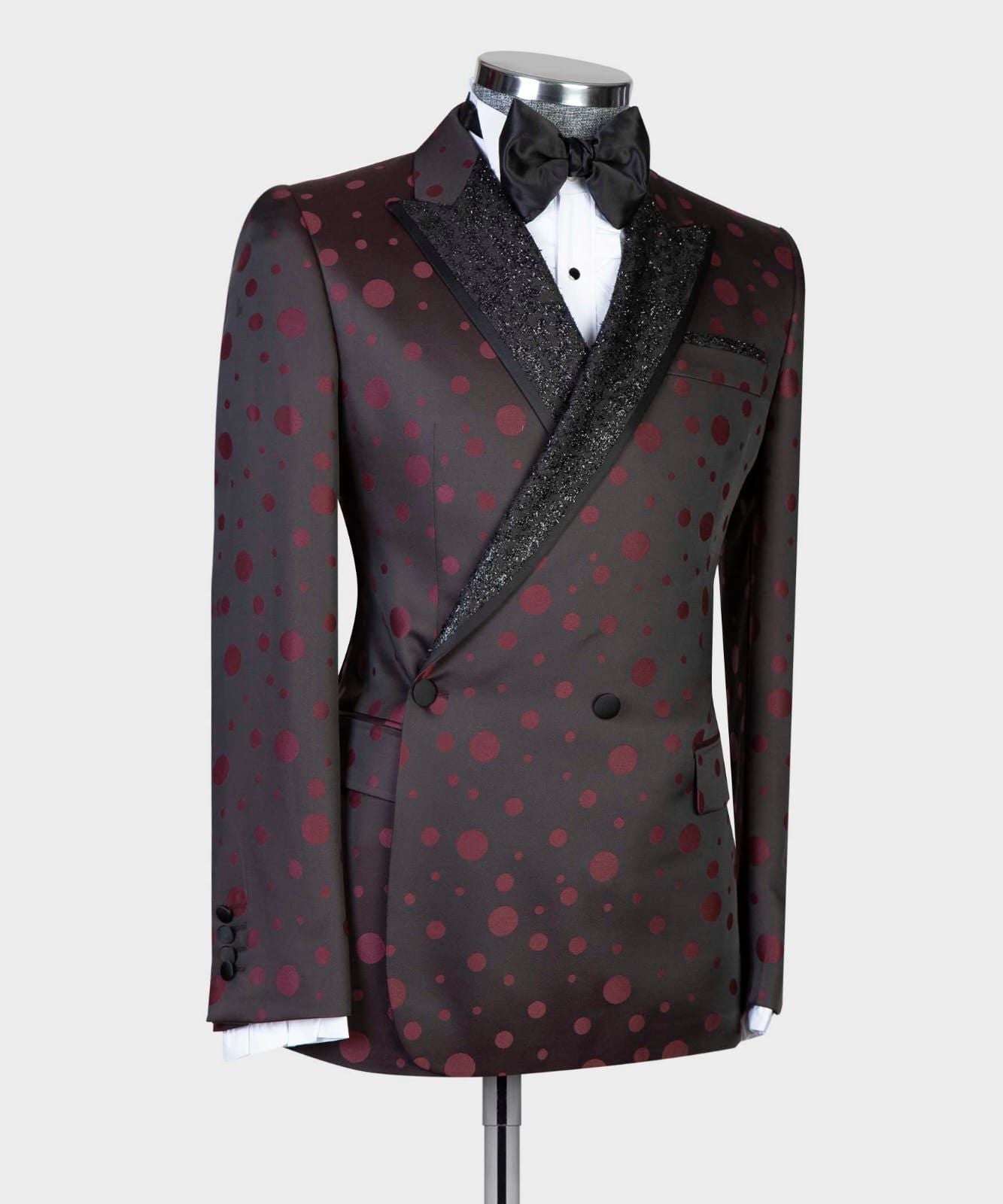 2 Piece Double Breasted Burgundy Dotted Tuxedo