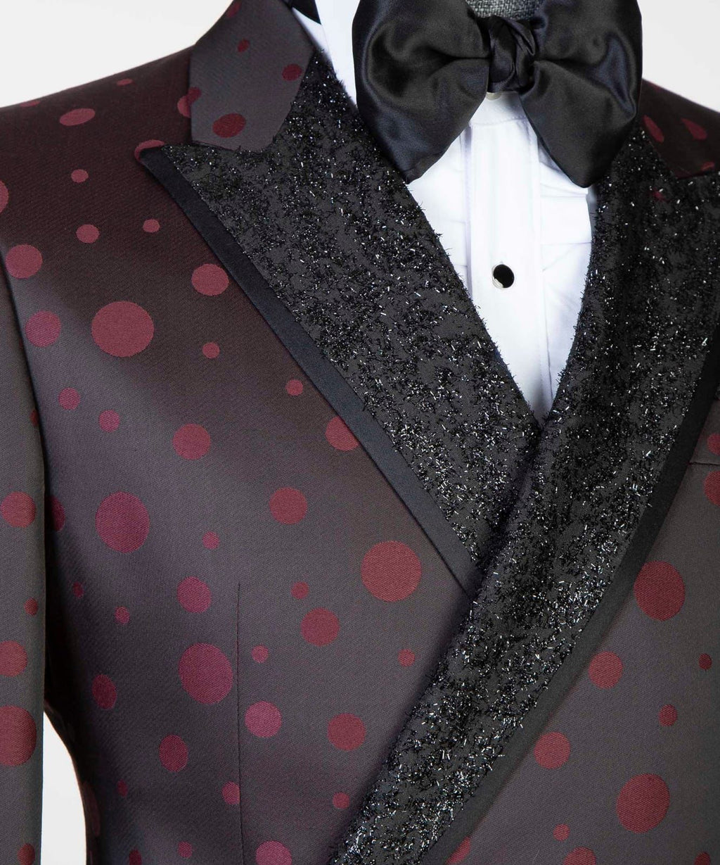 2 Piece Double Breasted Burgundy Dotted Tuxedo